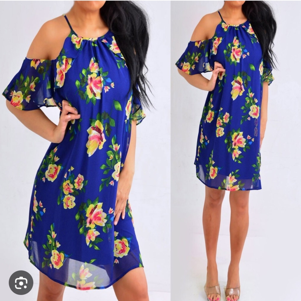 Floral Cold Shoulder Dress - Blue